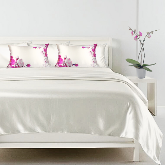 Pink Floral Cherry Blossom Silk Pillowcase, 25 Momme Mulberry, Queen & King Sizes