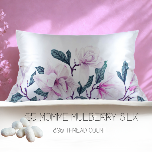 PINK MAUVE MAGNOLIA FLORAL print Silk Pillowcase, 25 Momme, Queen