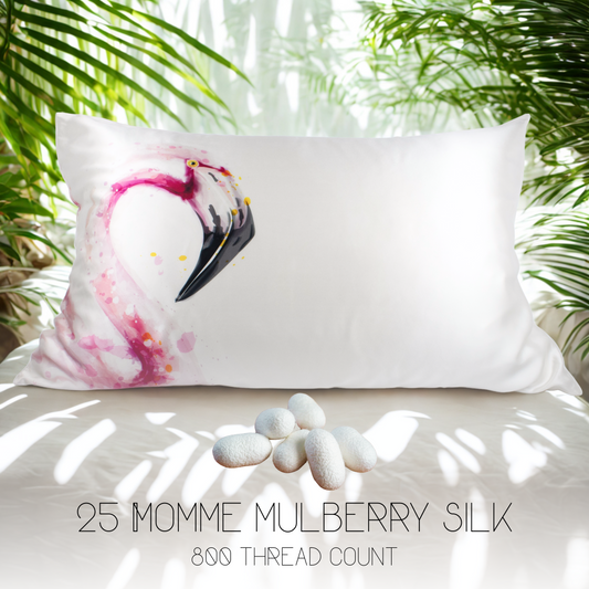 Pink Flamingo Silk Pillowcase, 25 Momme Mulberry Silk, Queen size
